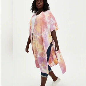 Torrid Pink Tie Dye Open Front Tie Side Boho Longlin Kimono or Swim cover top OS